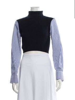 STAUD Knit Turtleneck Crop with Blue-White Striped Sleeves